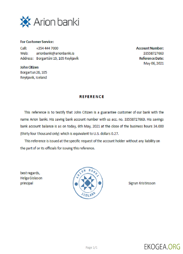 Islande , Arion Bank , reference